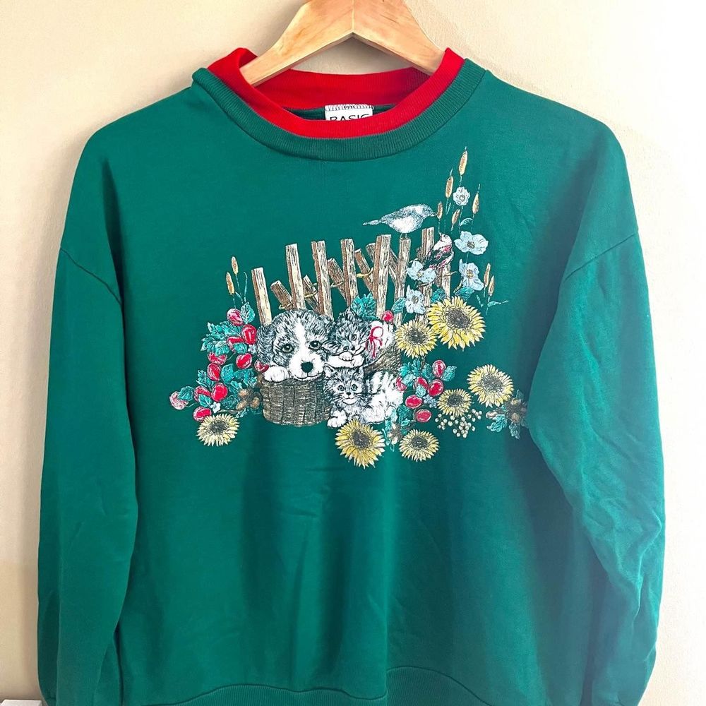 Vintage Puppy Kitty Bird Flower Basic Editions Crewneck Sweatshirt Size M